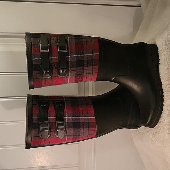 UGG Australia SABENE Black Tall Rain Boots Plaid Upper - Picture 3 of 10